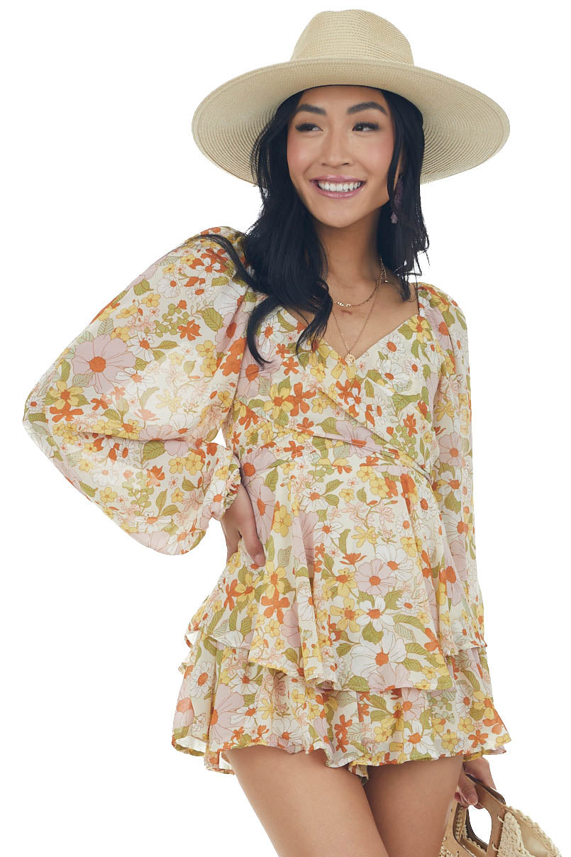 Champagne Floral Print Ruffle Overlay Romper