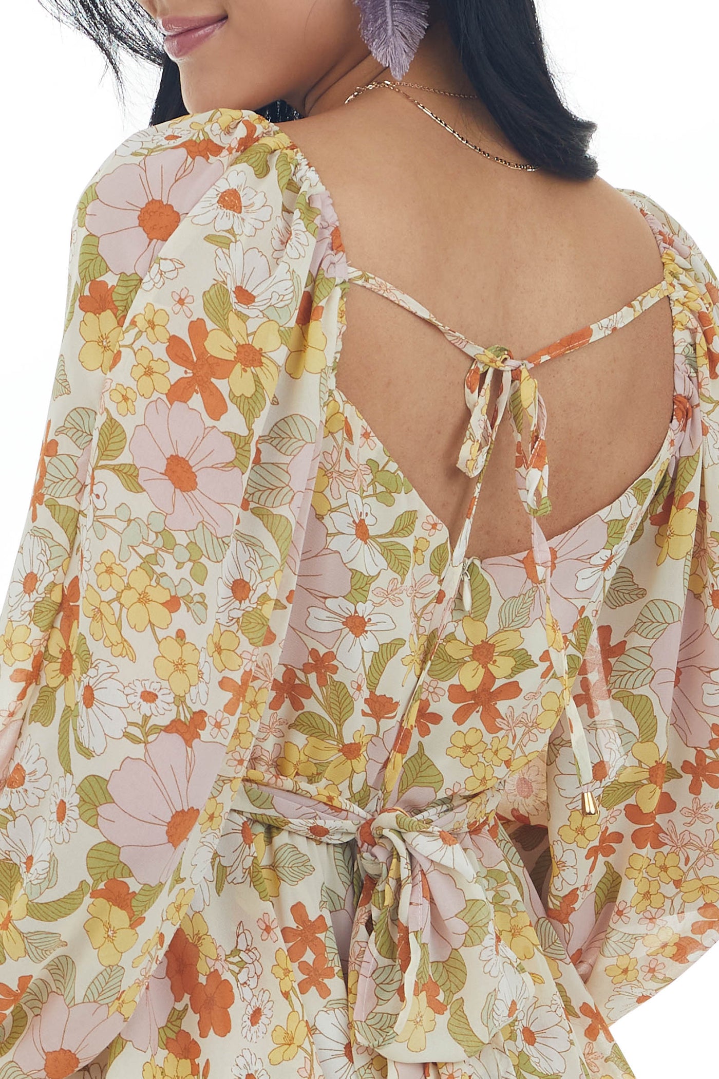 Champagne Floral Print Ruffle Overlay Romper