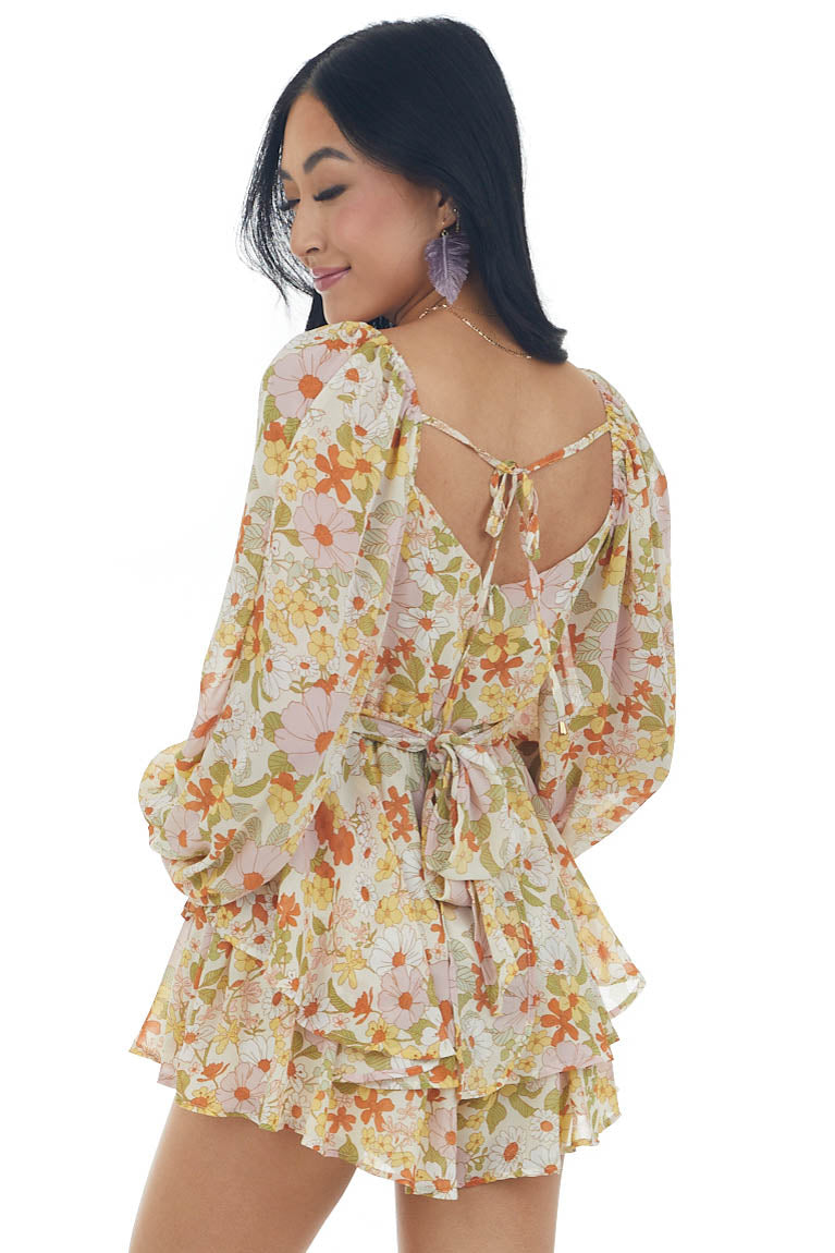 Champagne Floral Print Ruffle Overlay Romper