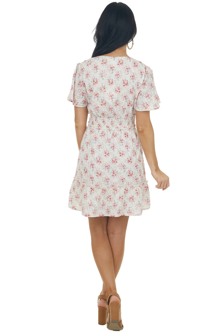 Champagne Floral Surplice Smocked Mini Dress 