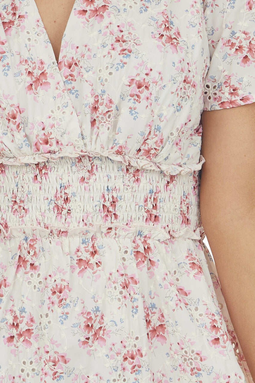 Champagne Floral Surplice Smocked Mini Dress 