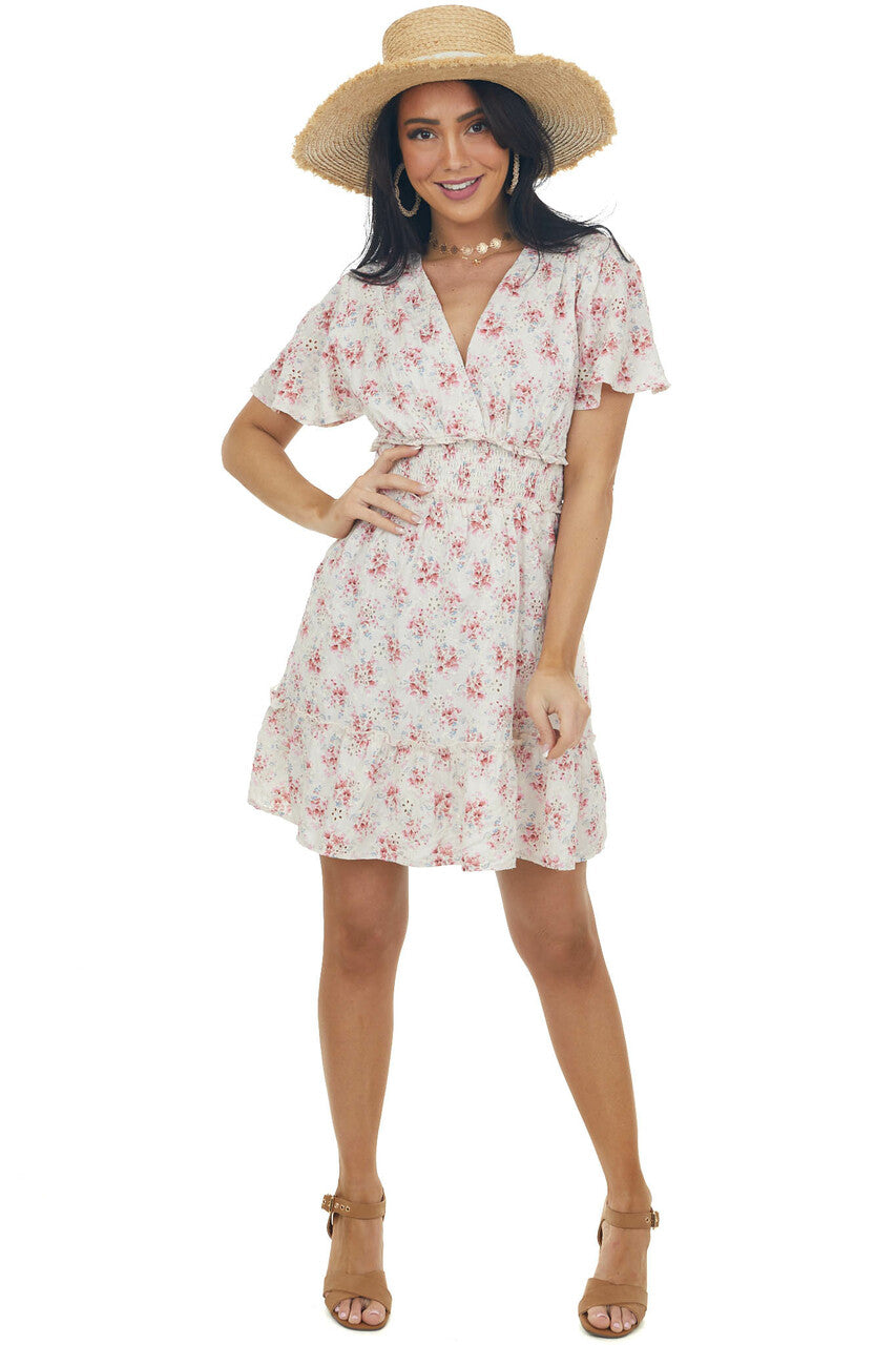 Champagne Floral Surplice Smocked Mini Dress 