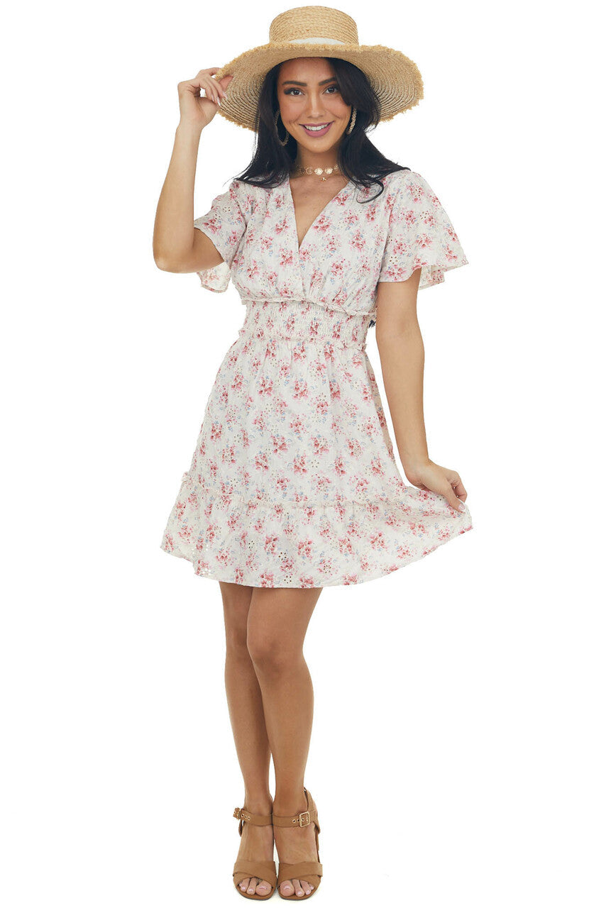 Champagne Floral Surplice Smocked Mini Dress 