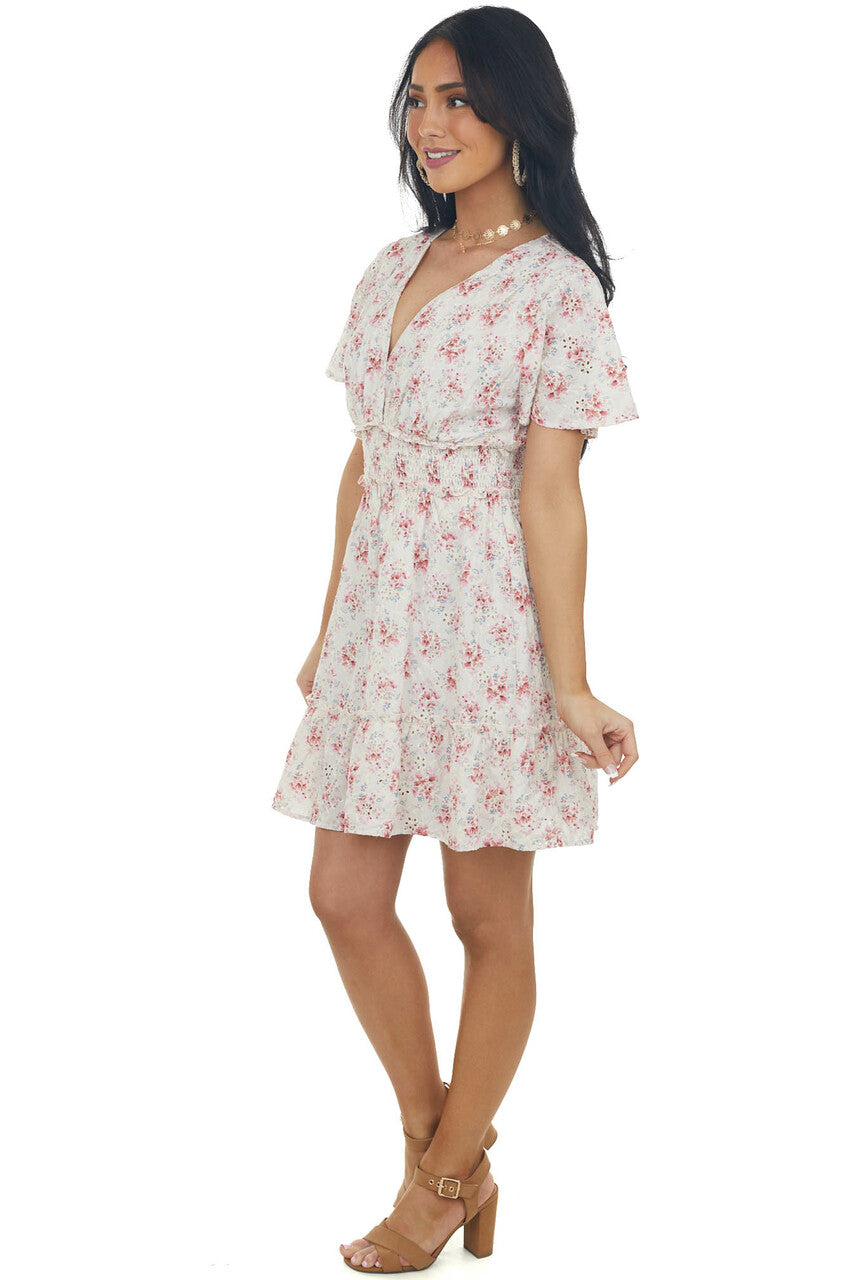 Champagne Floral Surplice Smocked Mini Dress 