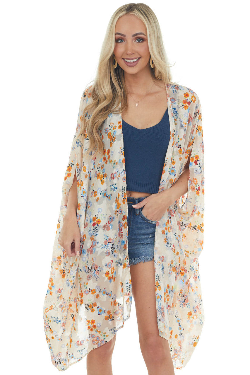 Champagne Floral Textured Open Front Kimono