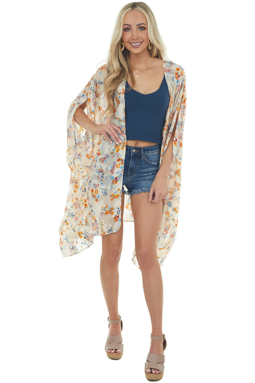 Champagne Floral Textured Open Front Kimono