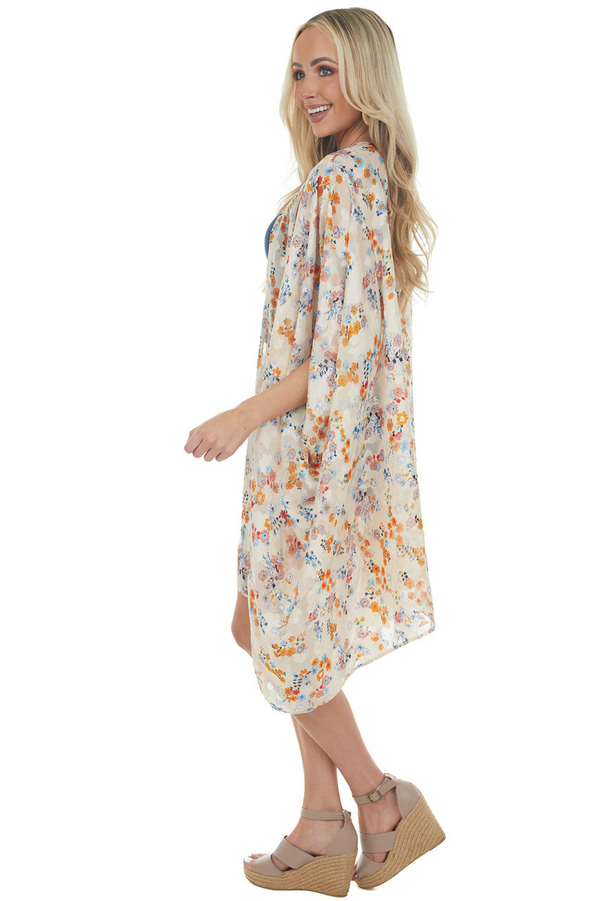 Champagne Floral Textured Open Front Kimono