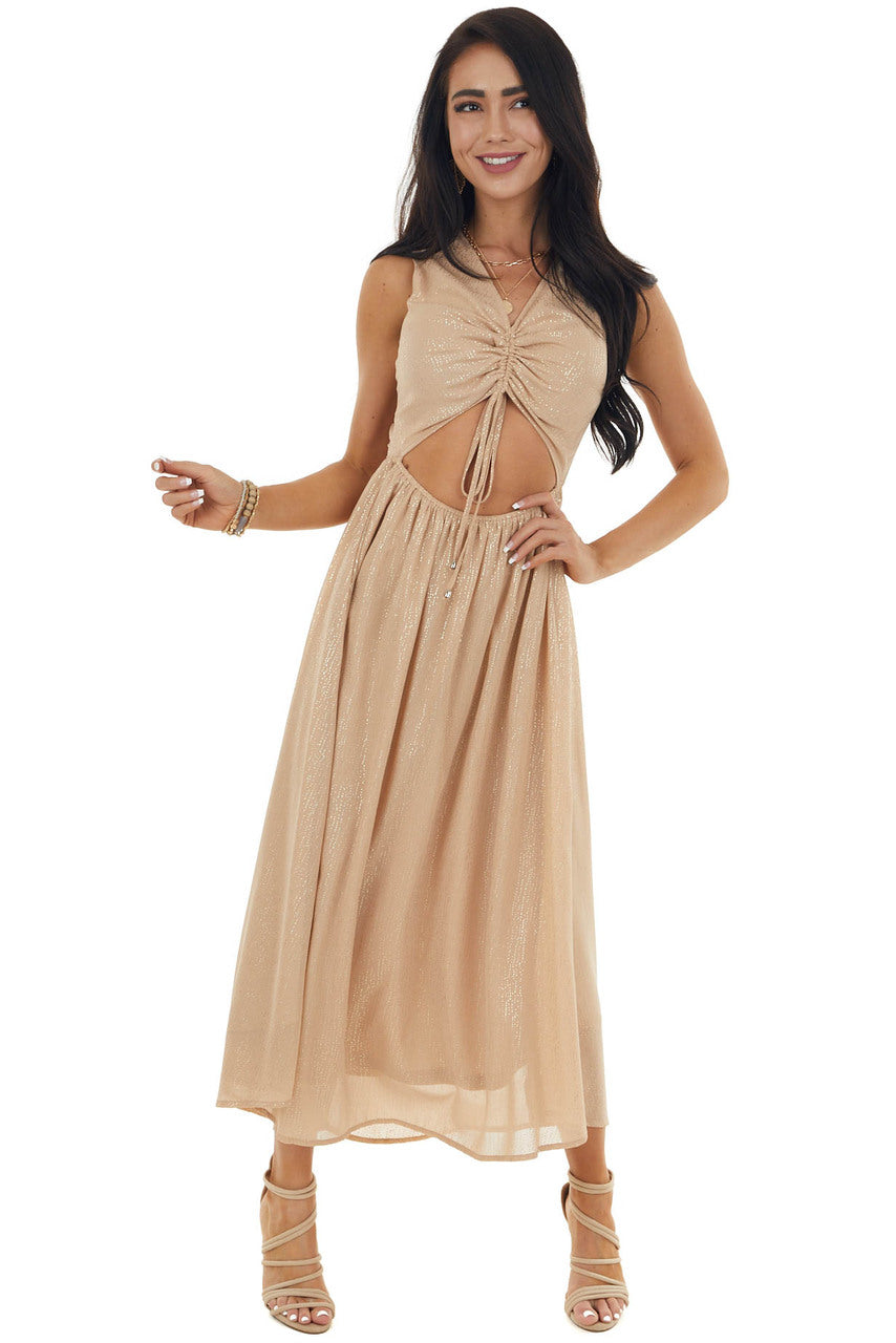 Champagne Glitter Sleeveless Midi Woven Dress with Cut Out