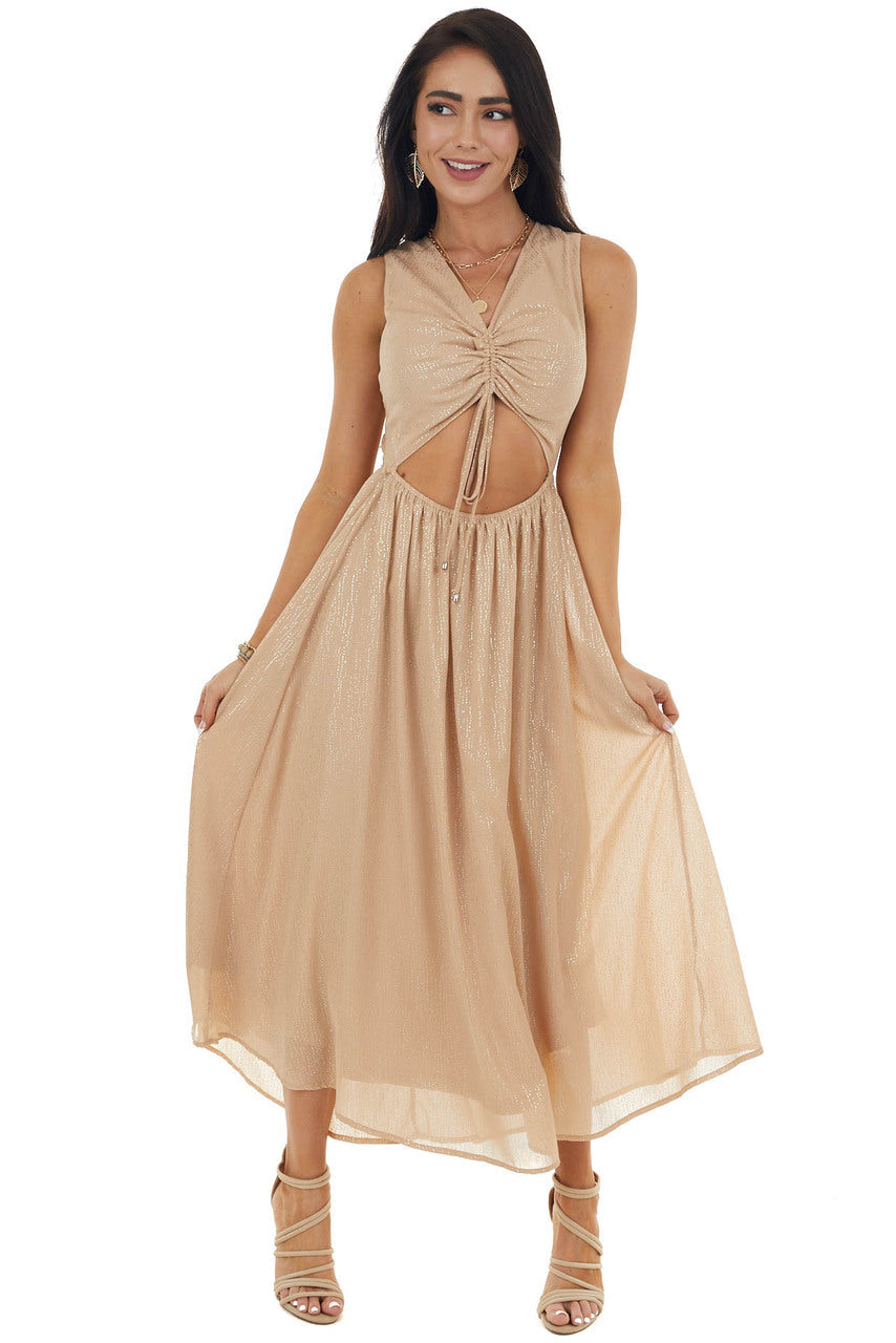 Champagne Glitter Sleeveless Midi Woven Dress with Cut Out