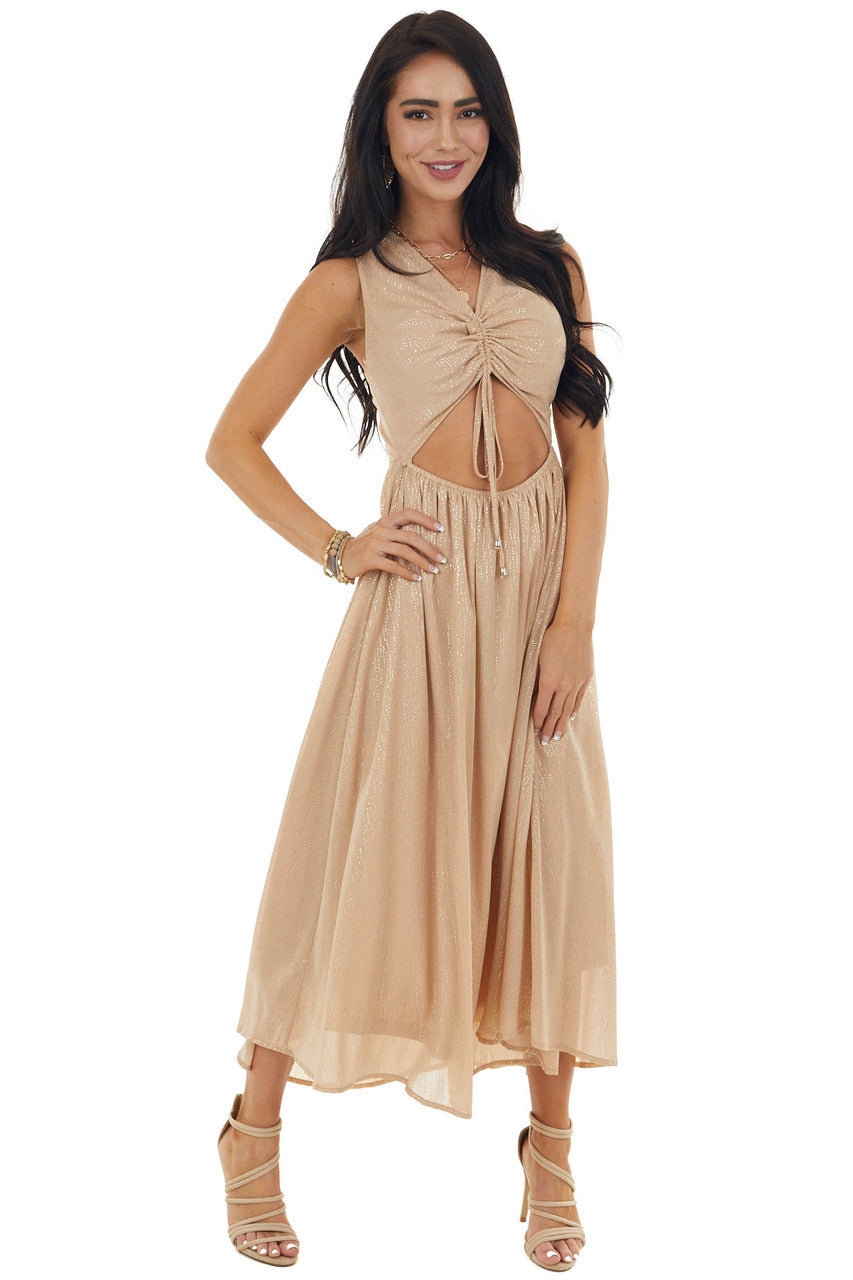 Champagne Glitter Sleeveless Midi Woven Dress with Cut Out