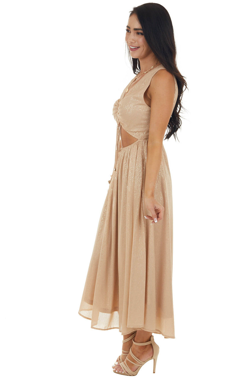 Champagne Glitter Sleeveless Midi Woven Dress with Cut Out