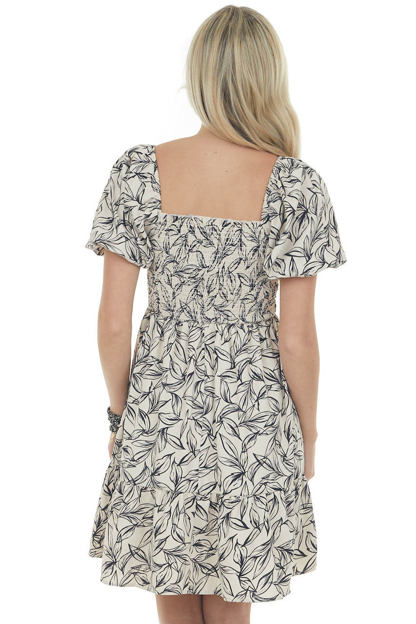 Champagne Leaf Print Puff Sleeve Short Dress