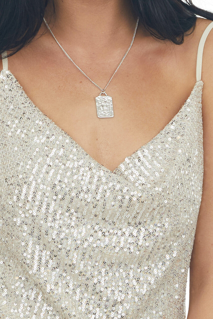 Champagne Sequin Sleeveless Cowl Neck Tank