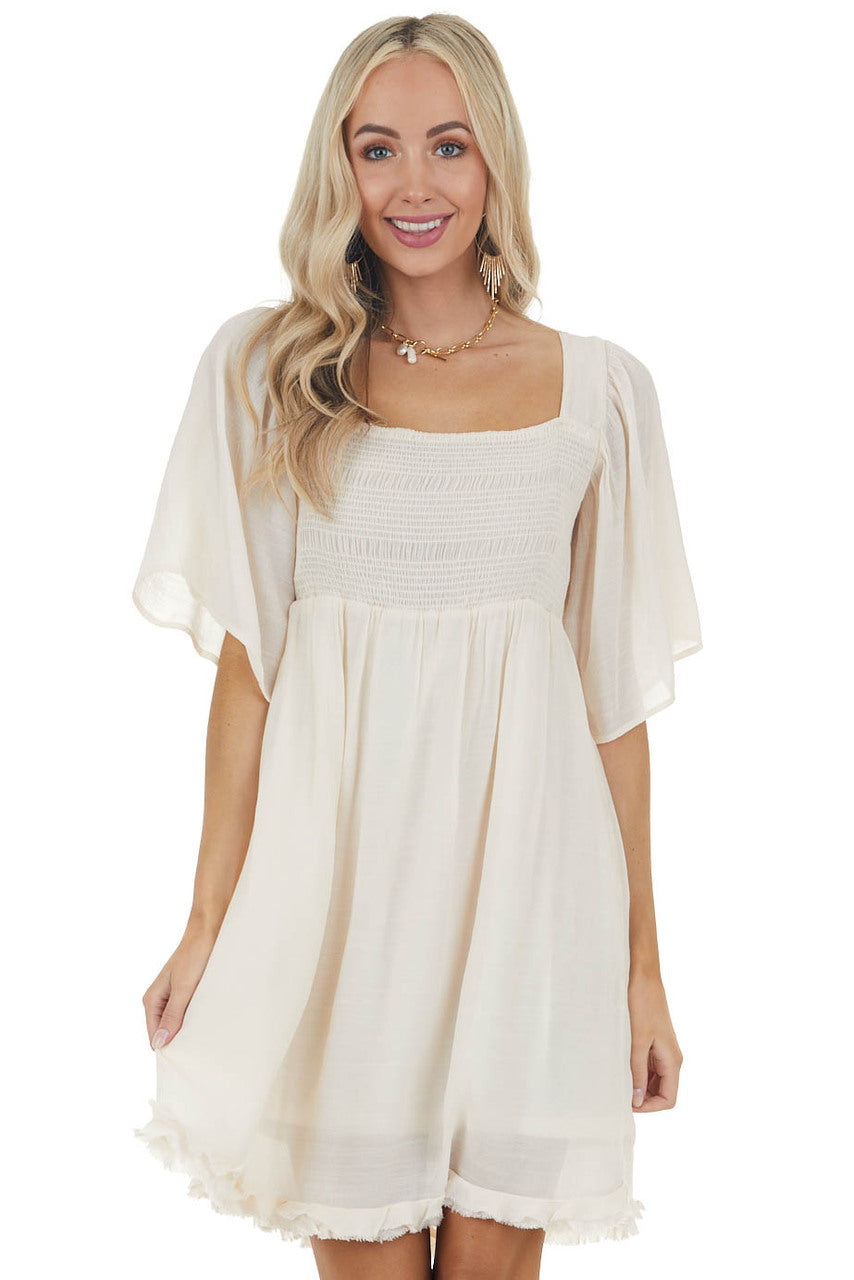 Champagne Smocked Babydoll Short Dress with Flutter Sleeves