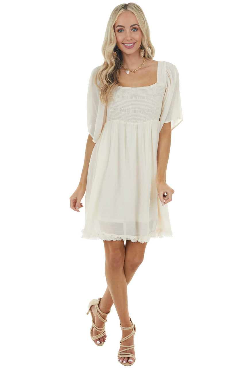 Champagne Smocked Babydoll Short Dress with Flutter Sleeves