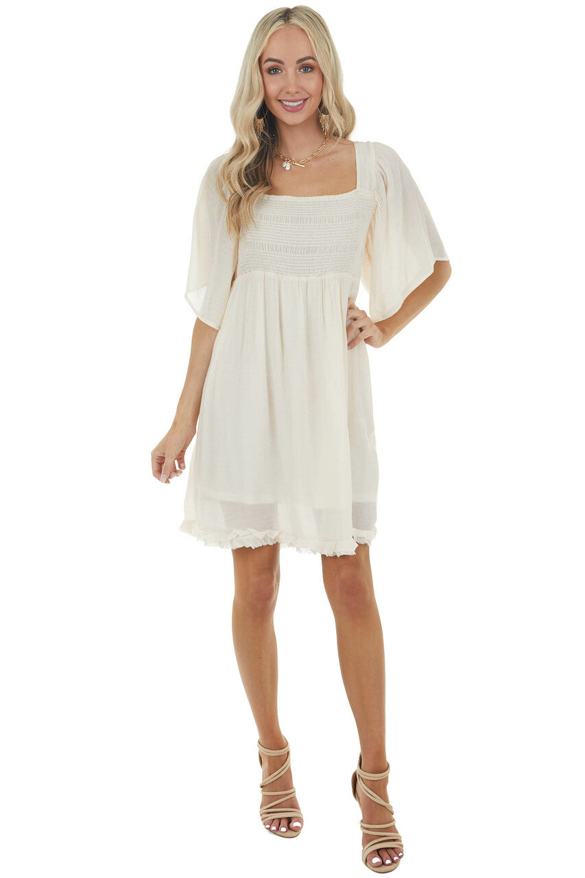 Champagne Smocked Babydoll Short Dress with Flutter Sleeves