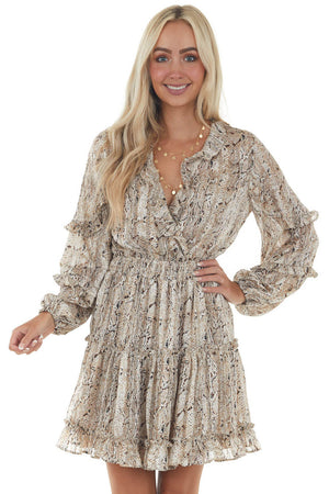 Champagne Snake Print Smocked Waist Mini Dress