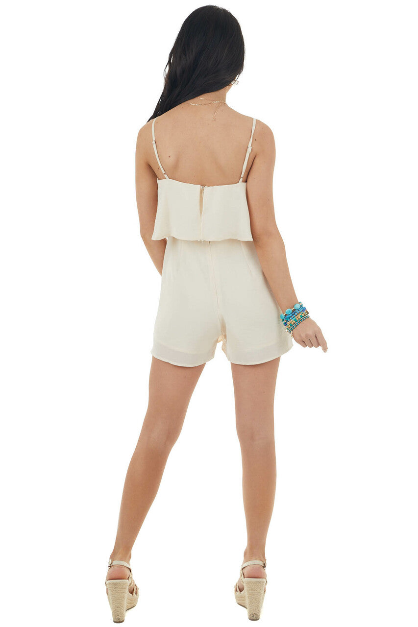 Champagne Spaghetti Strap Flowy Overlay Romper with Pockets