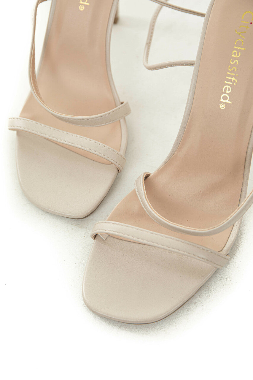 Champagne Strappy Ankle Wrap Square Toe Heels 