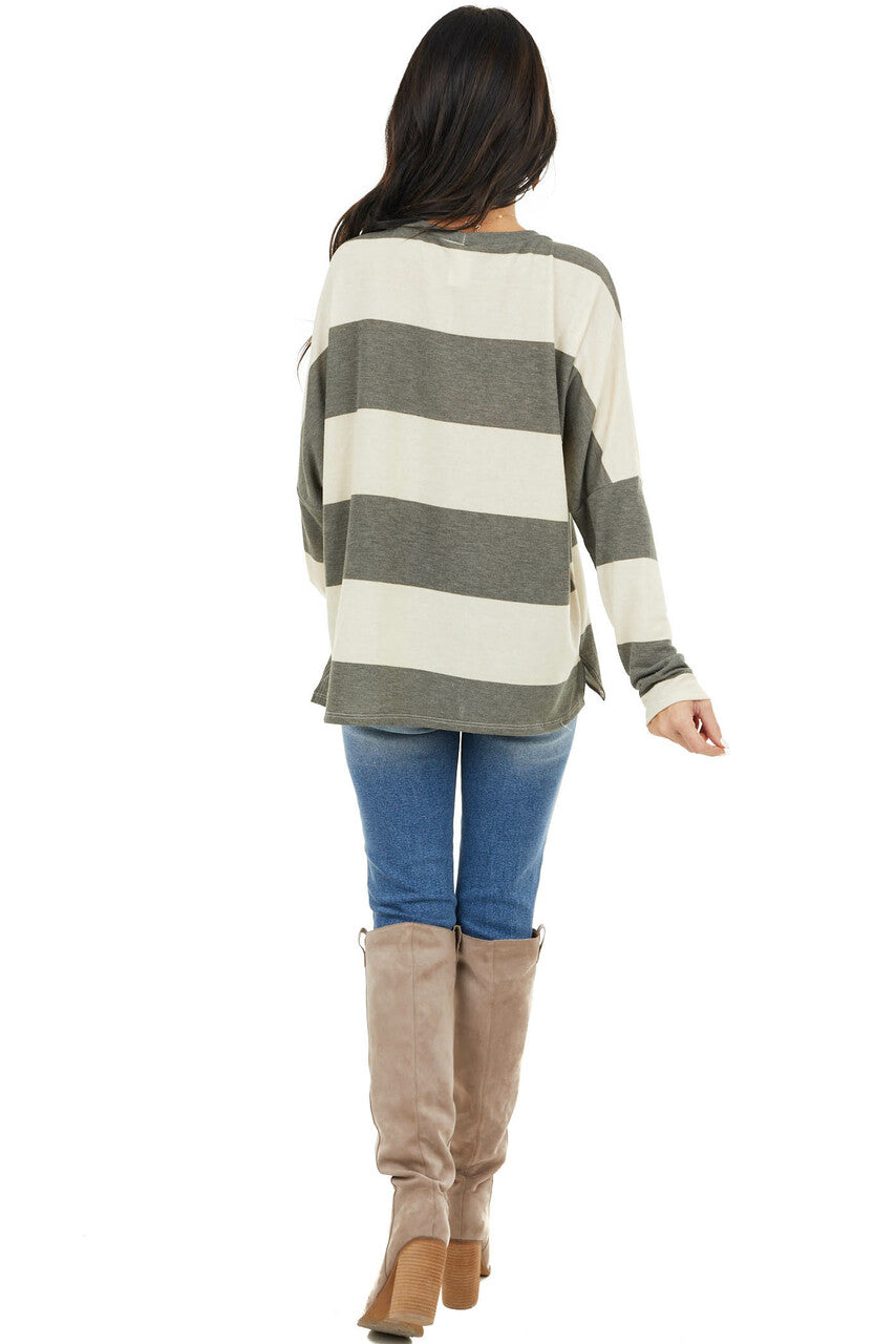 Charcoal and Cream Striped Drop Shoulder Long Sleeve Top