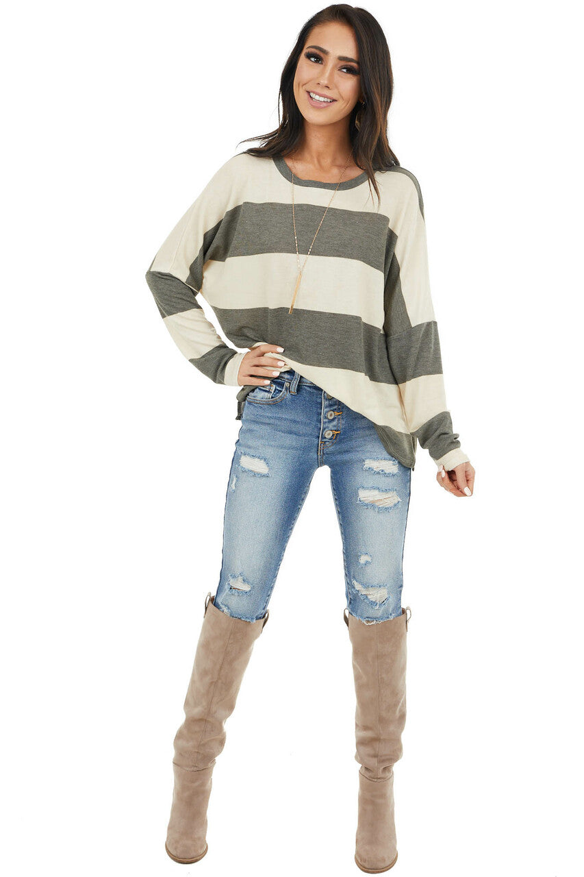 Charcoal and Cream Striped Drop Shoulder Long Sleeve Top