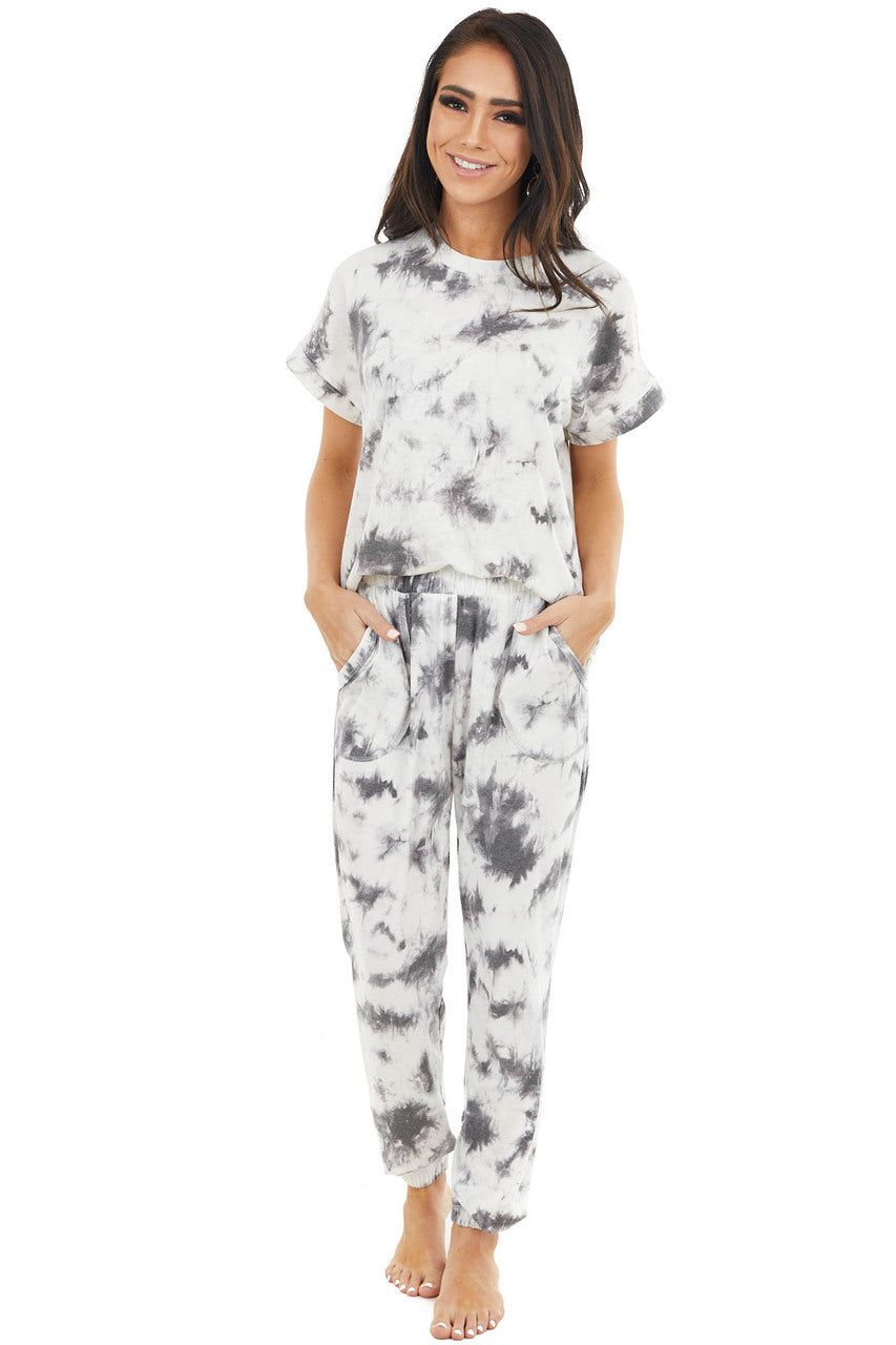Charcoal and Cream Tie Dye Short Sleeve Super Soft Top