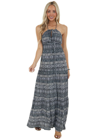 Charcoal and Ivory Abstract Print Maxi Dress 
