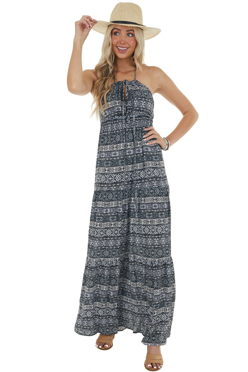 Charcoal and Ivory Abstract Print Maxi Dress 