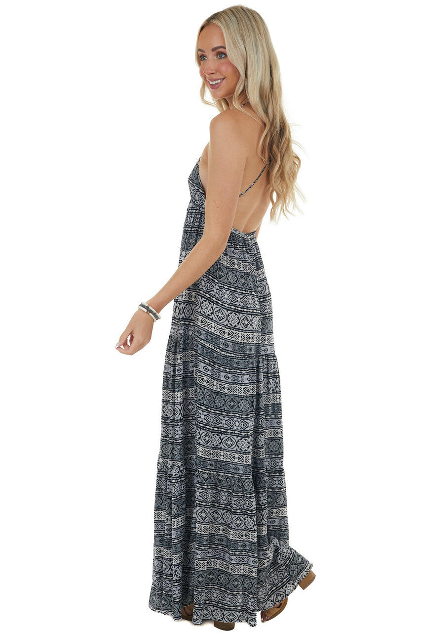 Charcoal and Ivory Abstract Print Maxi Dress 