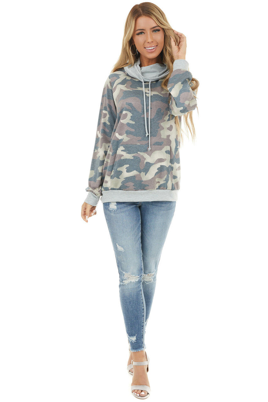Charcoal and Sienna Camo Print Hoodie with Kangaroo Pocket 