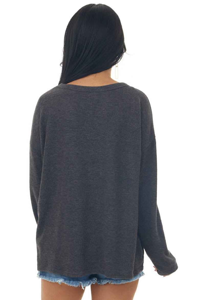 Charcoal Brushed Knit Top with Plaid Contrast