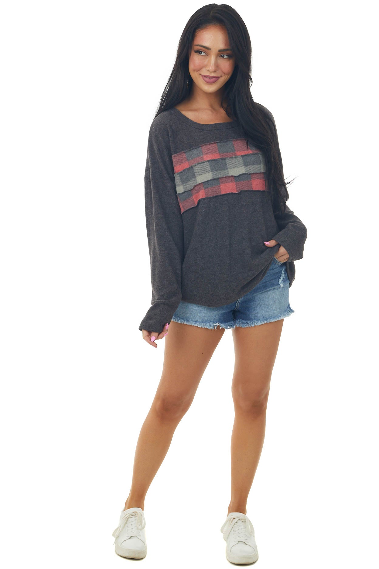 Charcoal Brushed Knit Top with Plaid Contrast