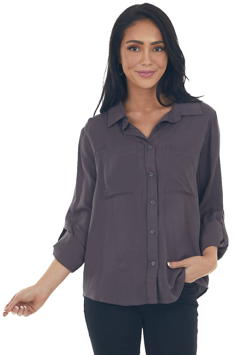 Charcoal Button Down Chest Pocket Collared Shirt