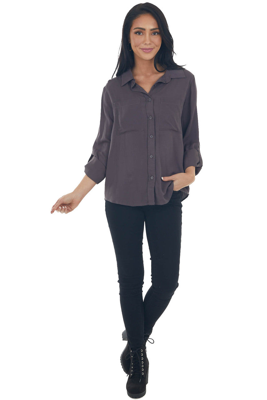 Charcoal Button Down Chest Pocket Collared Shirt
