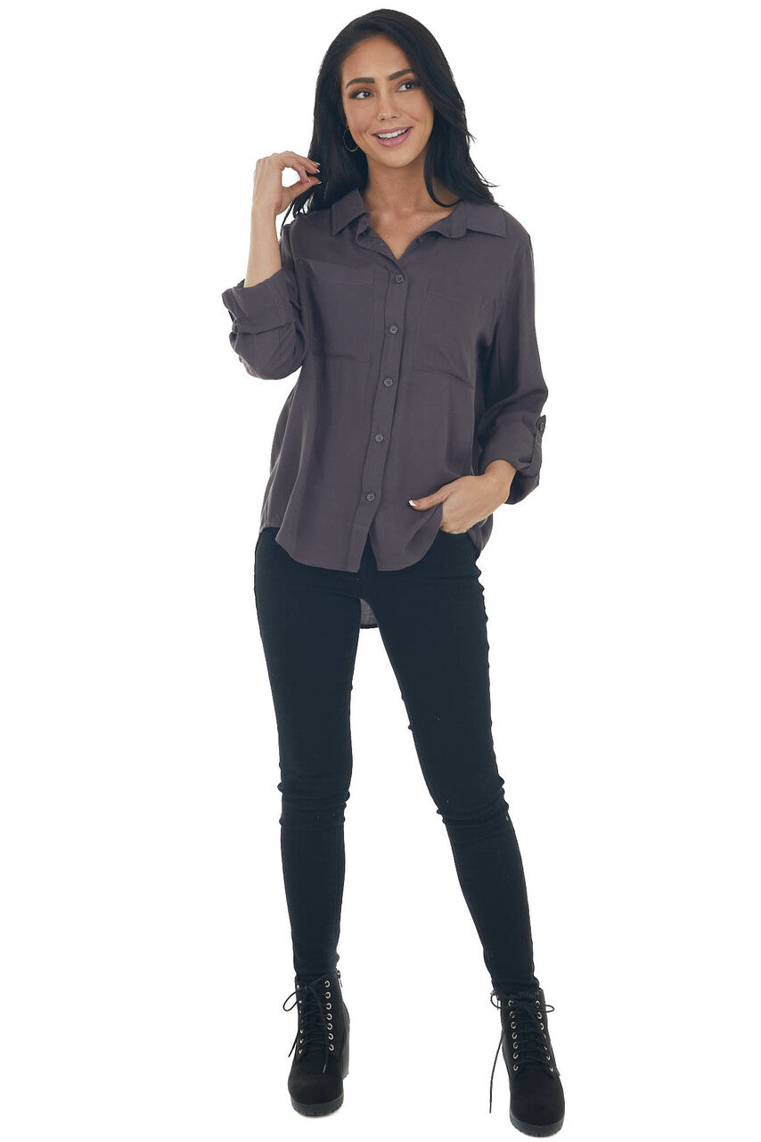 Charcoal Button Down Chest Pocket Collared Shirt