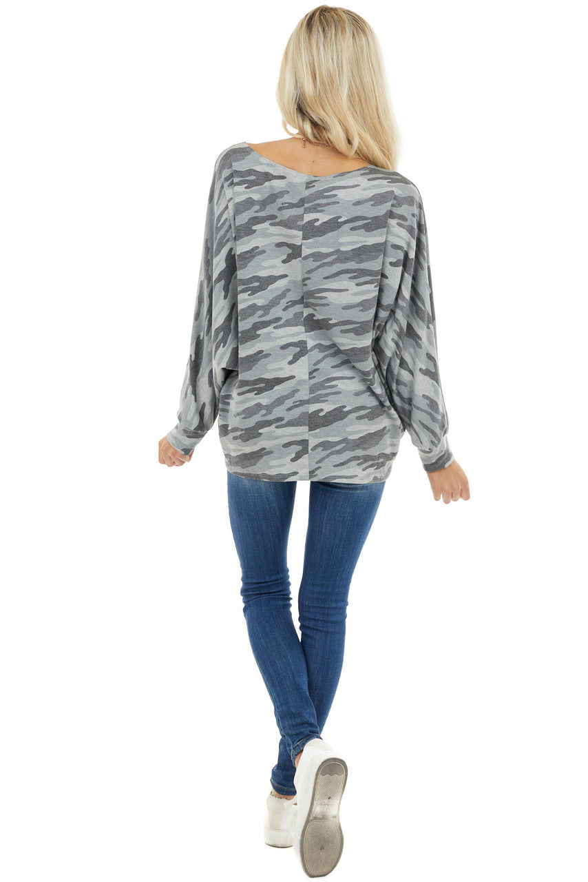 Charcoal Camo Print Long Dolman Sleeve Knit Top 