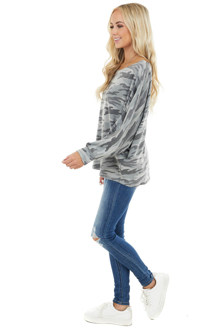 Charcoal Camo Print Long Dolman Sleeve Knit Top 