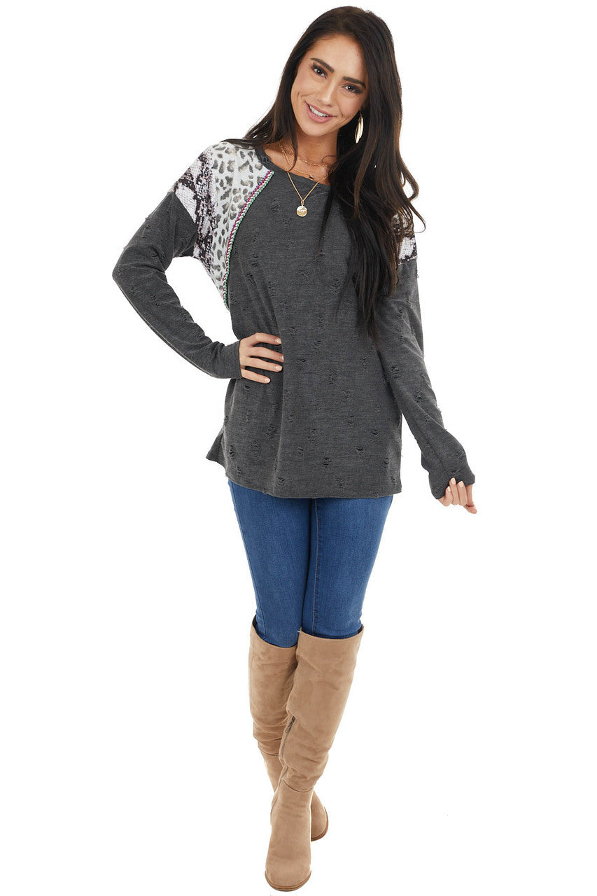 Charcoal Distressed Top with Leopard and Snake Print
