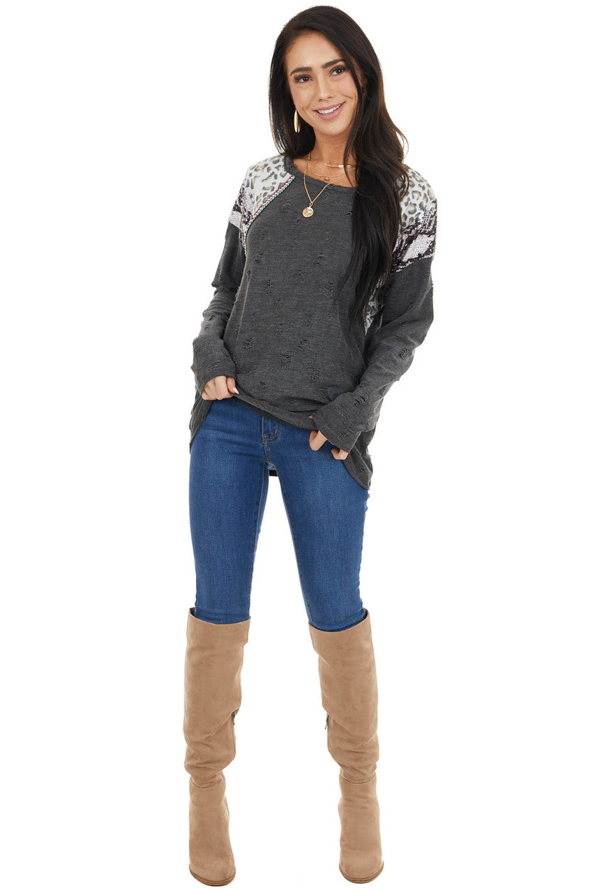Charcoal Distressed Top with Leopard and Snake Print