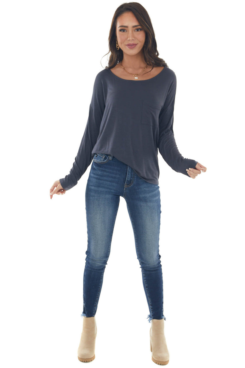 Charcoal Drop Shoulder Chest Pocket Top