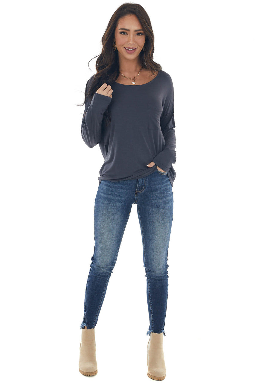 Charcoal Drop Shoulder Chest Pocket Top