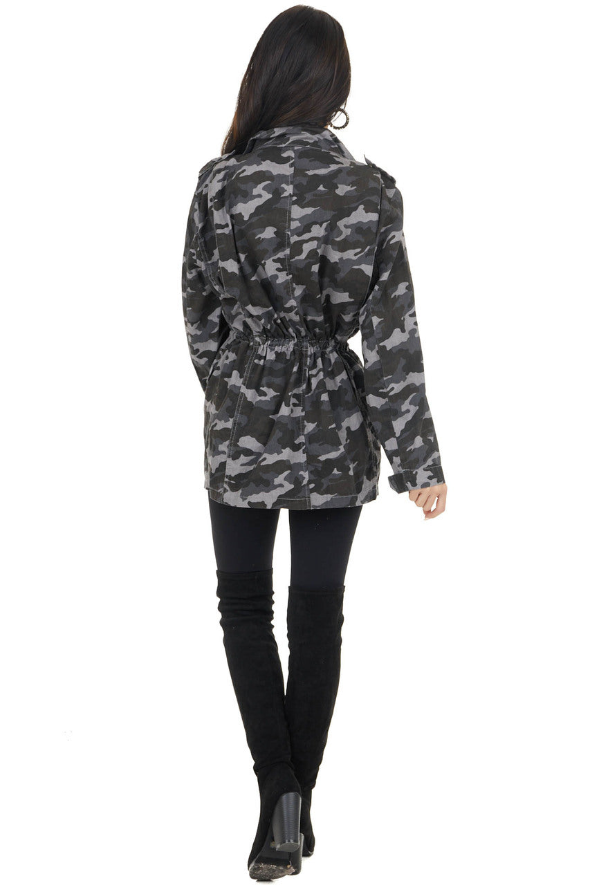 Charcoal Grey Camo Print Cargo Jacket with Pockets