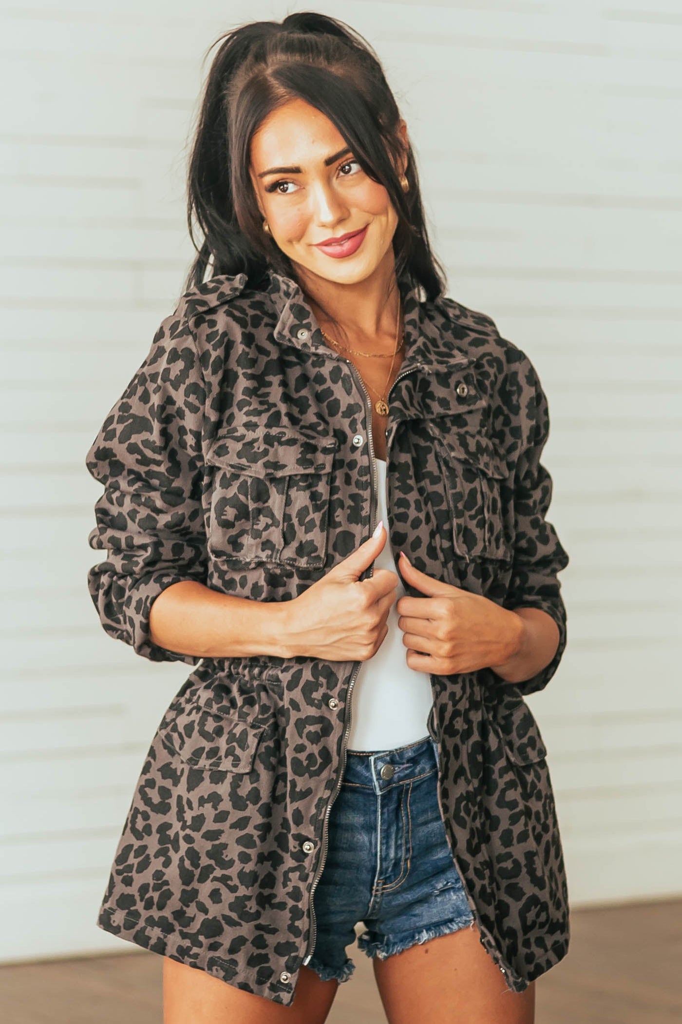 Charcoal Leopard Print Denim Jacket with Pockets