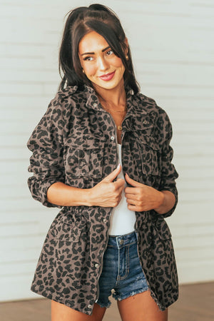 Charcoal Leopard Print Denim Jacket with Pockets