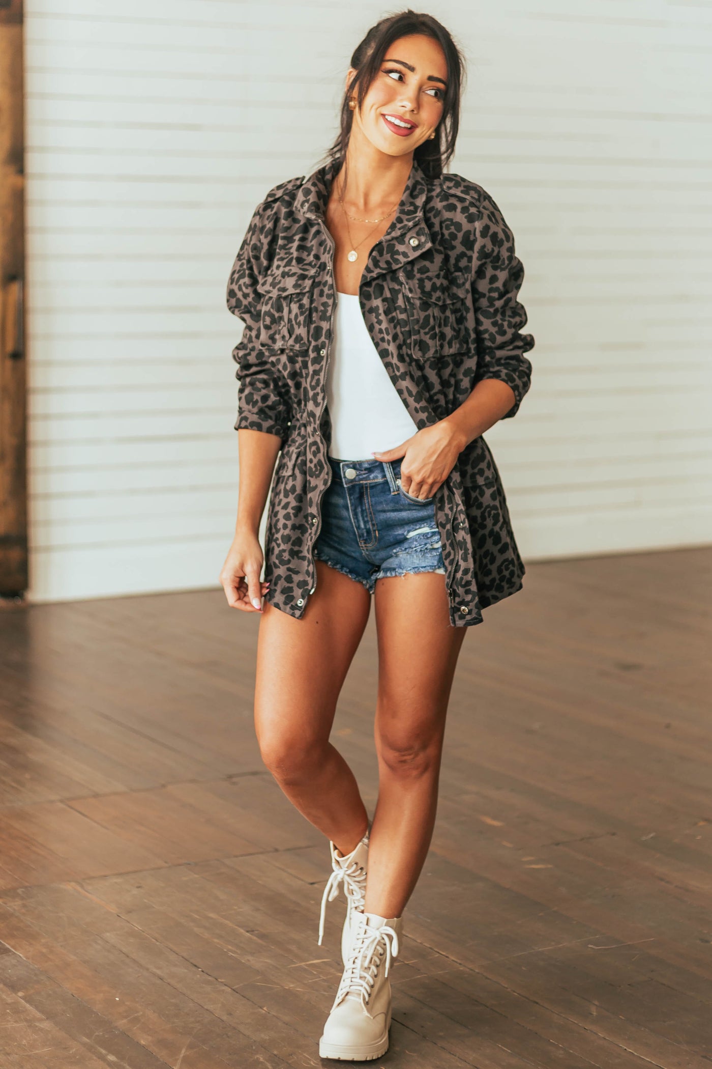 Charcoal Leopard Print Denim Jacket with Pockets
