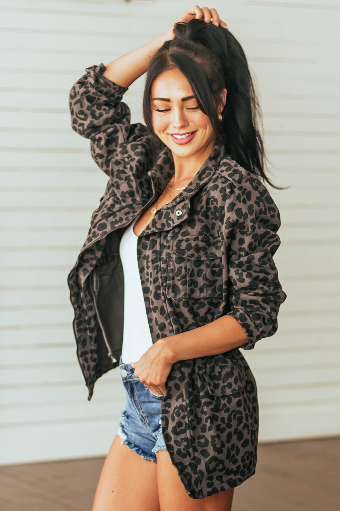Charcoal Leopard Print Denim Jacket with Pockets