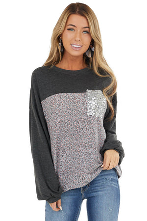 Charcoal Leopard Print Puff Sleeve Top with Sequin Pocket