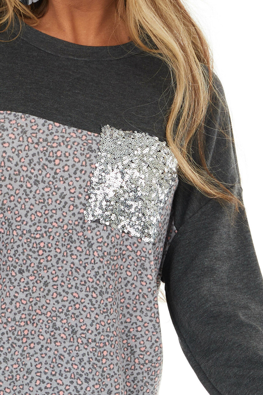 Charcoal Leopard Print Puff Sleeve Top with Sequin Pocket
