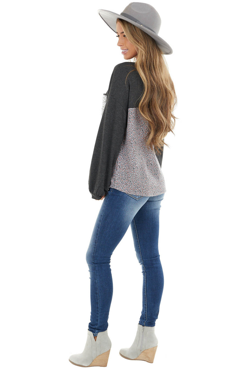 Charcoal Leopard Print Puff Sleeve Top with Sequin Pocket