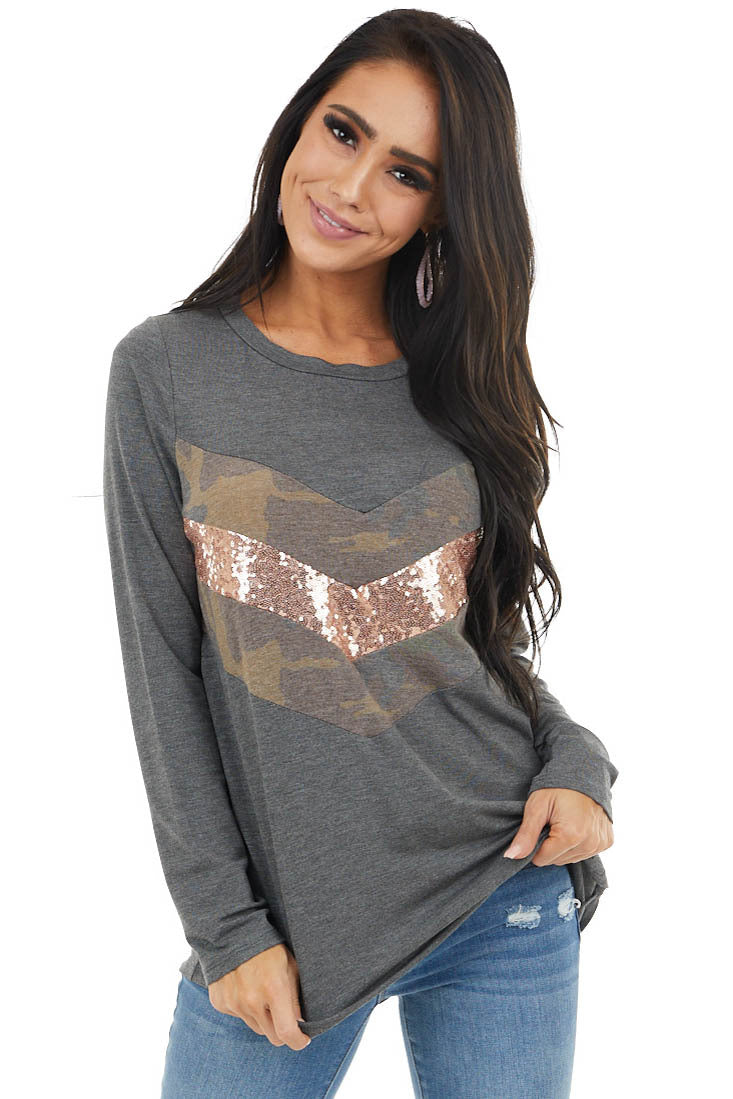 Charcoal Long Sleeve Top with Sequin and Camo Details 